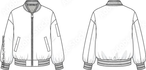 Classic bomber jacket front and back view, ribbed hem cuffs, zipper closure, fashion apparel flat sketch, vector illustration