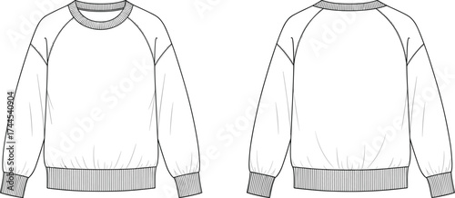 Crewneck sweatshirt CAD flat sketch, vector fashion technical drawing, casual pullover design illustration, clothing template garment