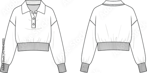 Cropped sweatshirt design with collar, button placket, ribbed hem, long sleeves, casual fashion template, CAD flat vector illustration