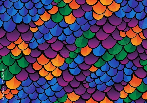 Vibrant color explosion of overlapping scale pattern in shades of blue, orange, and purple