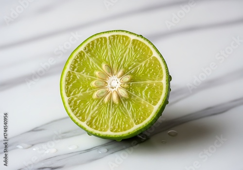 Vibrant halved lime showcases its juicy interior on a pristine marble surface backdrop