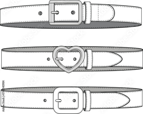 Fashion belt flat sketch, vector illustration, stylish waist accessory design, leather strap with buckle detail