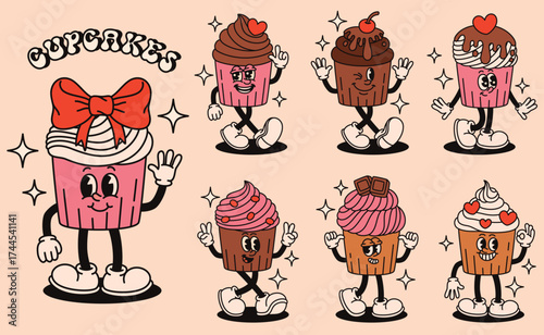 Set of groovy cute cupcake characters. Flat vector illustration.