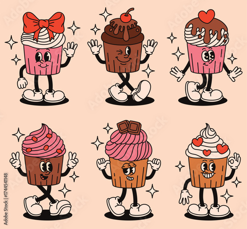 Set of groovy cupcake characters. Flat vector illustration.
