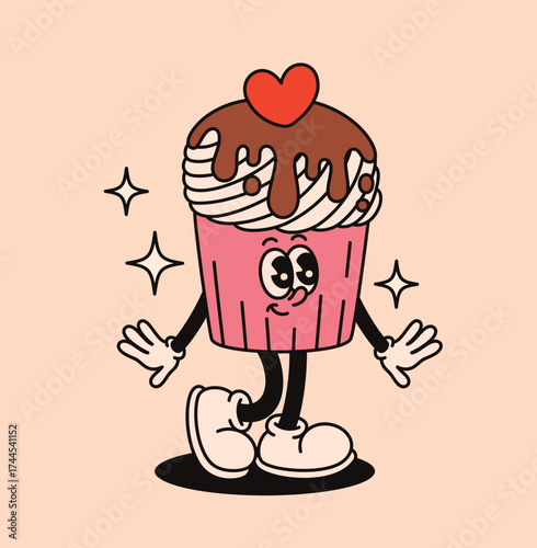 Groovy character cupcake with whipped cream and chocolate syrup in retro style. Flat vector illustration.
