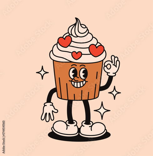 Groovy cupcake character with whipped cream in retro style. Flat vector illustration.