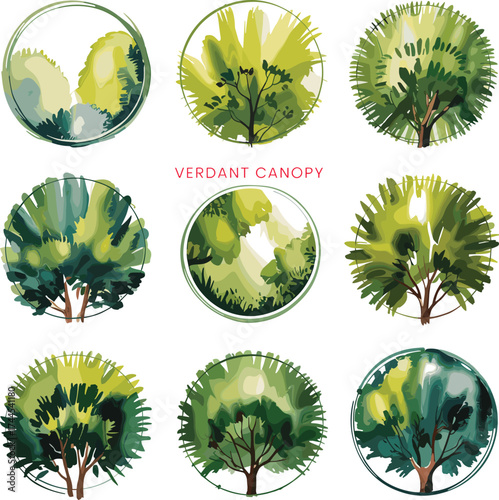 Green tree canopy illustration, circular foliage design, natural leaves vector, eco friendly landscape artwork, garden elements