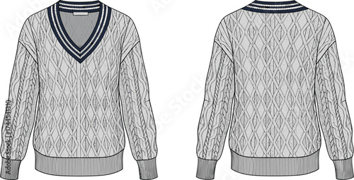 Knitted V neck sweater fashion flat sketch, argyle pattern pullover, stylish winter clothing, cozy apparel vector illustration