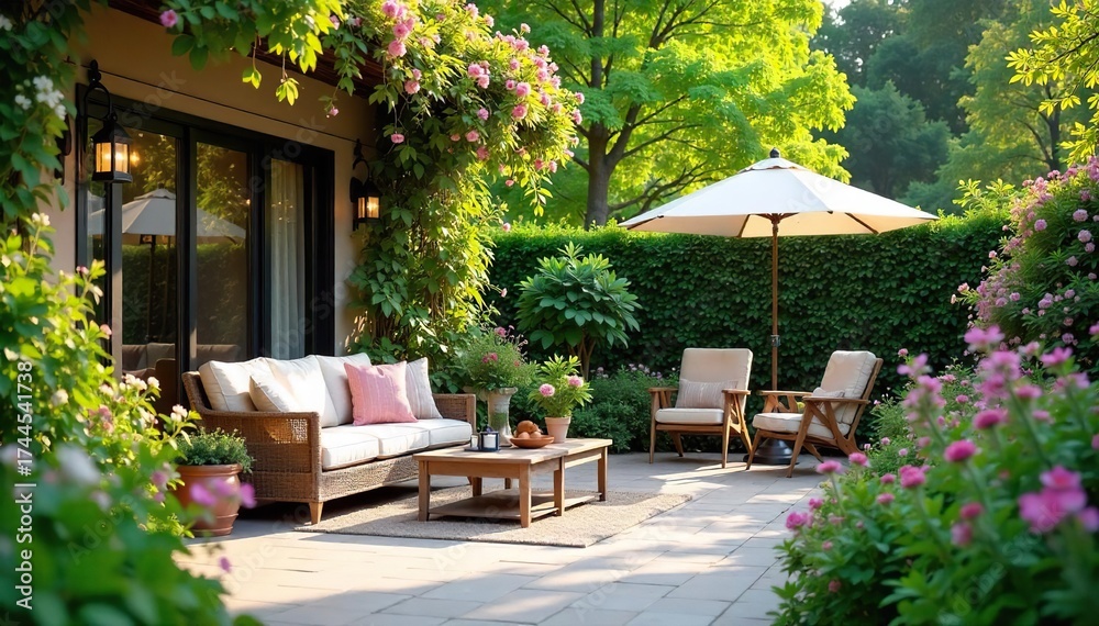 Obraz premium Tranquil Patio Garden Lush Greenery, Vibrant Blooms, and Relaxing Seating Perfect for Outdoor Entertaining and Peaceful Nature Escapes