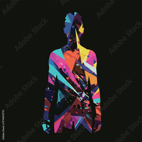 Abstract human figure with colorful fragmented geometric shapes.