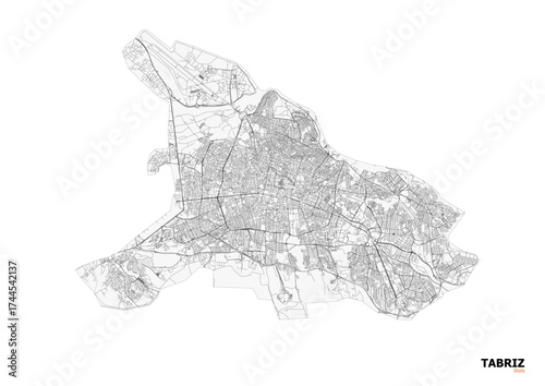 Minimalist monochrome map of Tabriz showing highways, roads, and urban density — ideal for urban planning, geographic visualization, or architectural design projects.