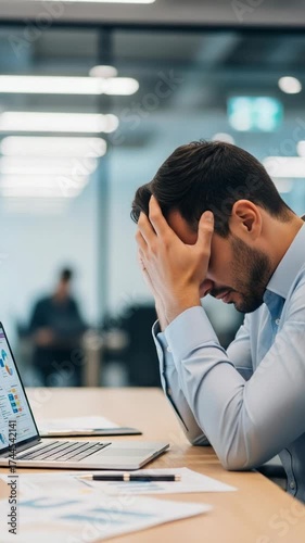 Frustrated young businessman in his 30s with hands on his head, sitting at an office desk with a laptop displaying charts, feeling stressed and overwhelmed by work.
