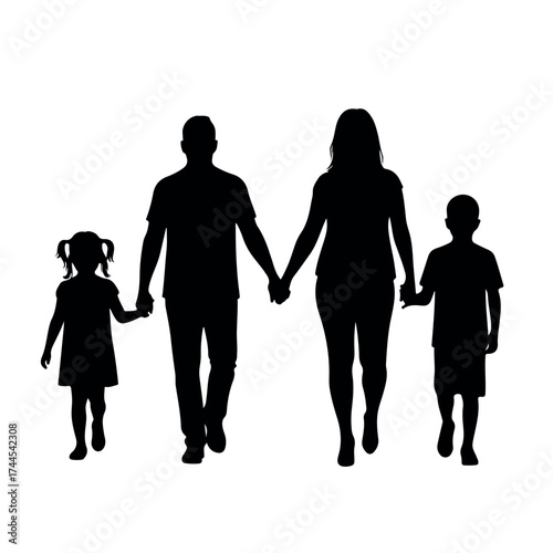 Black silhouette of a family with two children walking together.