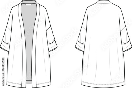 Loose fit open front cardigan with rolled sleeves, long length fashion outerwear, trendy apparel flat sketch, vector illustration