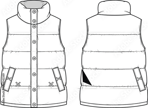 Puffer vest CAD flat sketch, vector fashion technical drawing, winter sleeveless jacket design illustration, clothing template