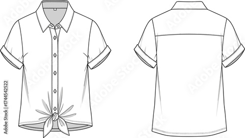Short sleeve button front shirt with collar, cuffed sleeves, front tie knot, fashion apparel flat vector illustration