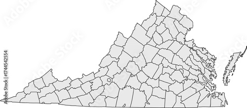 Detailed gray vector map of the Commonwealth of Virginia, featuring all administrative County and Independent City divisions with their internal borders.


