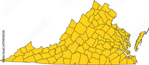 Detailed yellow vector map of the Commonwealth of Virginia, featuring all administrative County and Independent City divisions with their internal borders.

