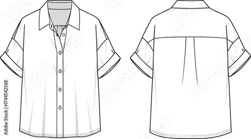 Short sleeve shirt flat sketch, front and back view, vector fashion illustration, casual blouse, button up
