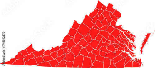 Detailed red vector map of the Commonwealth of Virginia, featuring all administrative County and Independent City divisions with their internal borders.

