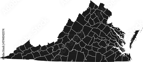 Detailed black vector map of the Commonwealth of Virginia, featuring all administrative County and Independent City divisions with their internal borders.

