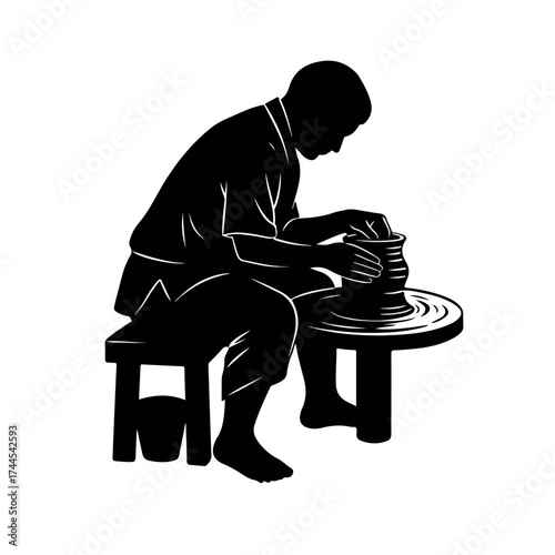 Black silhouette of a potter creating a clay pot on a wheel.
