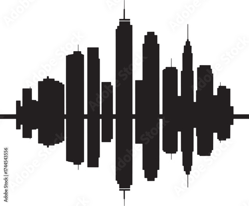 Black silhouette of a city skyline with a horizontal line dividing the image black and white urban