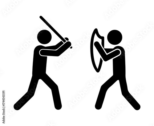 Stickman attacking with stick and person defending with shield icon. Fight, conflict, or self defense symbol. Aggression, protection, and danger concept in simple black vector illustration.