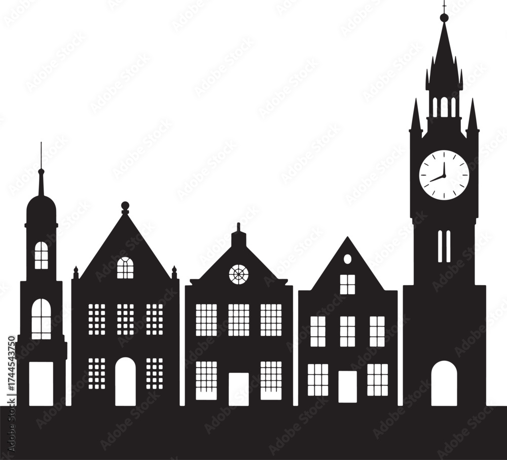 Fototapeta premium Black silhouette of European style buildings with a clock tower against a white background architecture