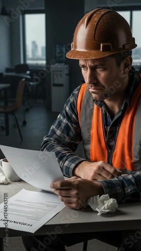Distressed male construction worker in his 30s or 40s, wearing a hard hat and safety vest, sadly reads a termination letter at a desk in a modern office, facing job loss.