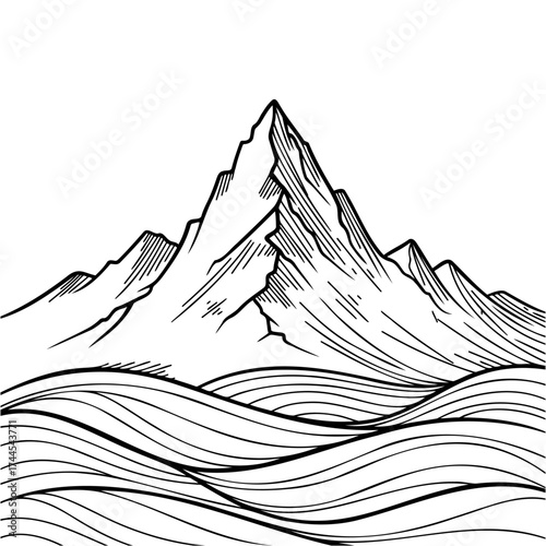 Hand Drawn Sketch Line Art Style Mountain Peak and Ocean Waves Nature Landscape