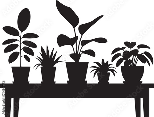 Black silhouette of five potted houseplants on a table potted plants black and white
