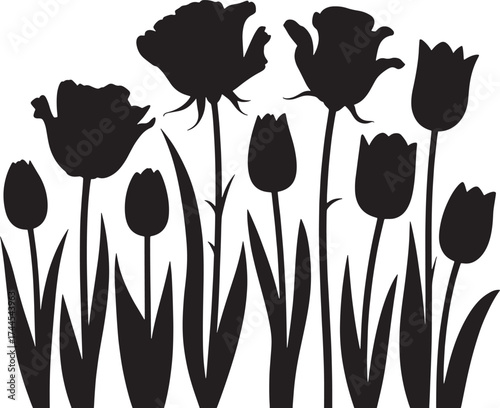 Black silhouette of various flowers and leaves on a white background rose tulip