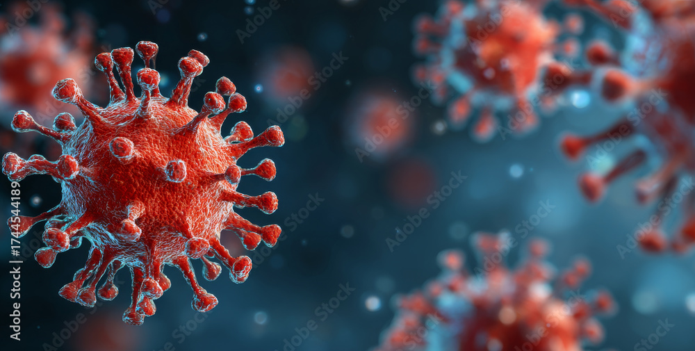 Fototapeta premium Detailed 3D render of red coronavirus with blue background, showcasing its intricate structure and spikes, evokes sense of urgency and awareness