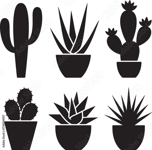 Six black silhouette potted succulents and cacti on white background cactus potted plant