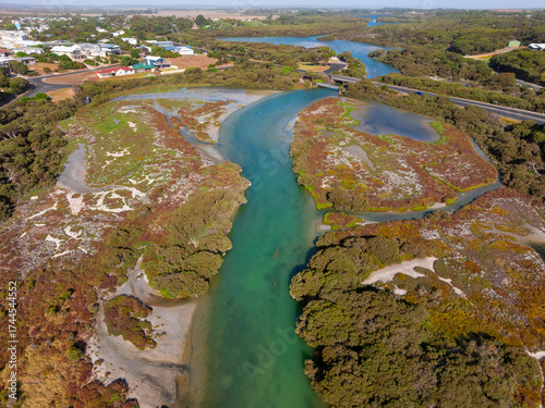 Blue stream running through colourful coastal wetland