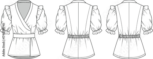 Women blouse flat sketch with puff sleeve and wrap front, CAD drawing vector illustration clothing design