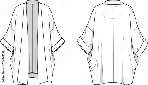 Women’s kimono cardigan flat sketch, loose fit jacket CAD drawing, vector fashion technical illustration, clothing design template