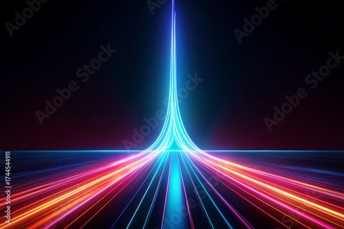 Colorful abstract futuristic background with glowing neon light trails, synthwave and retrowave style, concept of speed and motion