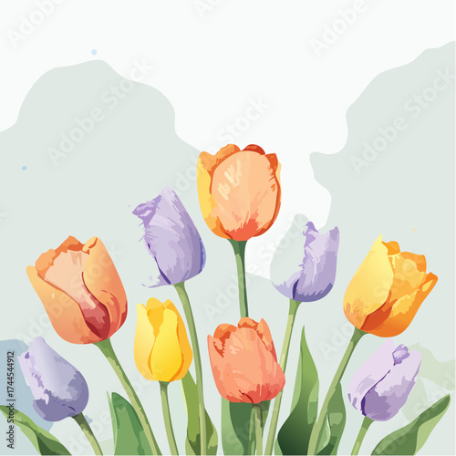 Zarter Aquarell-Hintergrund mit pastellfarbenen Tulpen in Rosa, Gelb und Lila