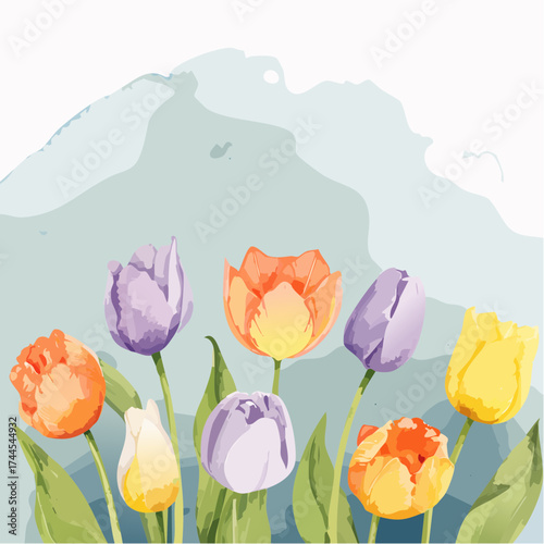 Zarter Aquarell-Hintergrund mit pastellfarbenen Tulpen in Rosa, Gelb und Lila