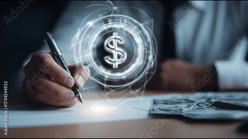 Banker holding pen at office desk, floating glowing dollar coin icon overlay
