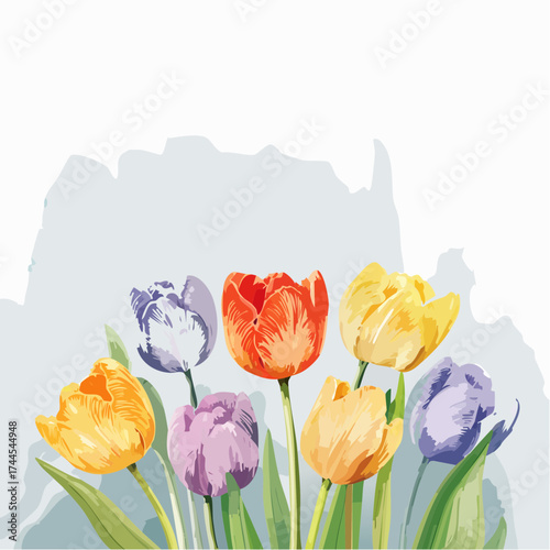 Zarter Aquarell-Hintergrund mit pastellfarbenen Tulpen in Rosa, Gelb und Lila