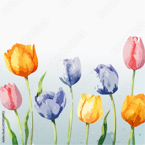 Zarter Aquarell-Hintergrund mit pastellfarbenen Tulpen in Rosa, Gelb und Lila