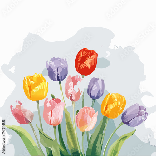 Zarter Aquarell-Hintergrund mit pastellfarbenen Tulpen in Rosa, Gelb und Lila