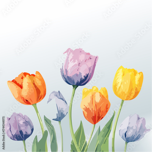 Zarter Aquarell-Hintergrund mit pastellfarbenen Tulpen in Rosa, Gelb und Lila