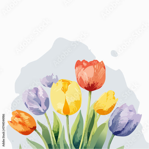 Zarter Aquarell-Hintergrund mit pastellfarbenen Tulpen in Rosa, Gelb und Lila