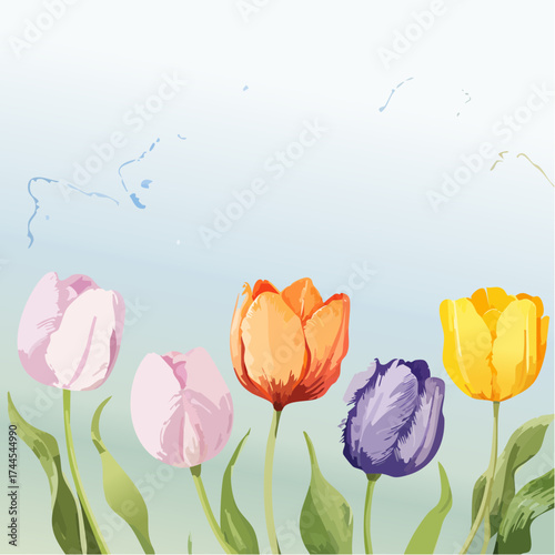 Zarter Aquarell-Hintergrund mit pastellfarbenen Tulpen in Rosa, Gelb und Lila