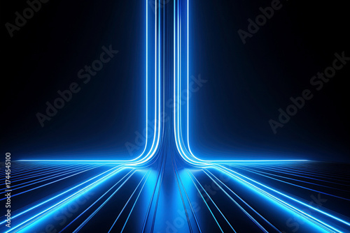 Abstract futuristic technology background with glowing blue neon lines, speed of light motion, and digital data stream concept