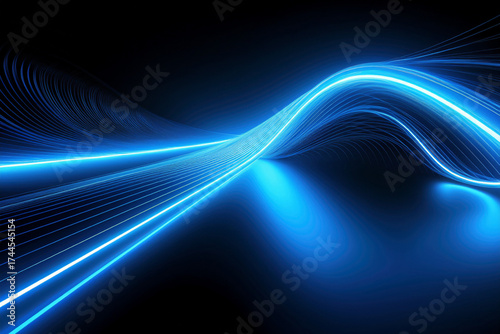 Abstract futuristic technology background with glowing blue neon lines, speed of light motion, and digital data stream concept